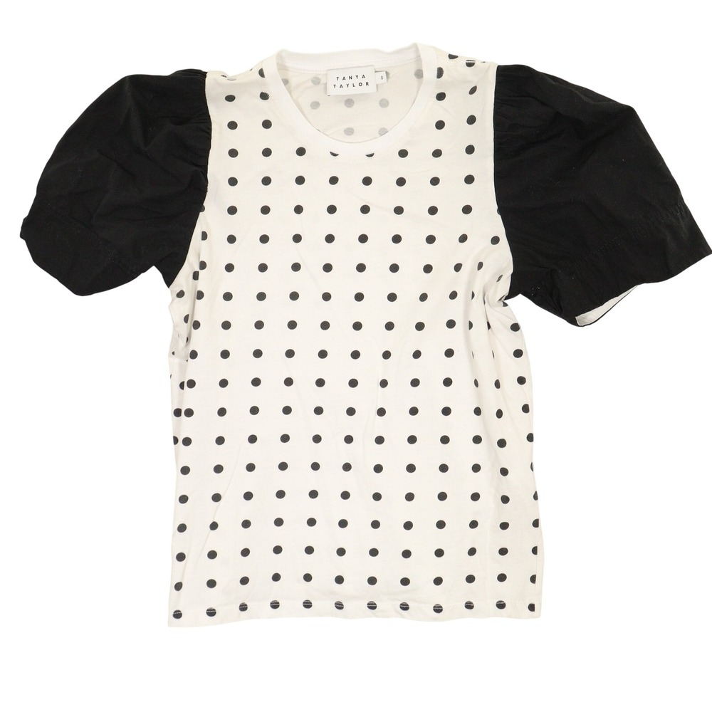 Tanya Taylor Top T-Shirt Puff Sleeve Polka Dot White‎ Organic Cotton Women S